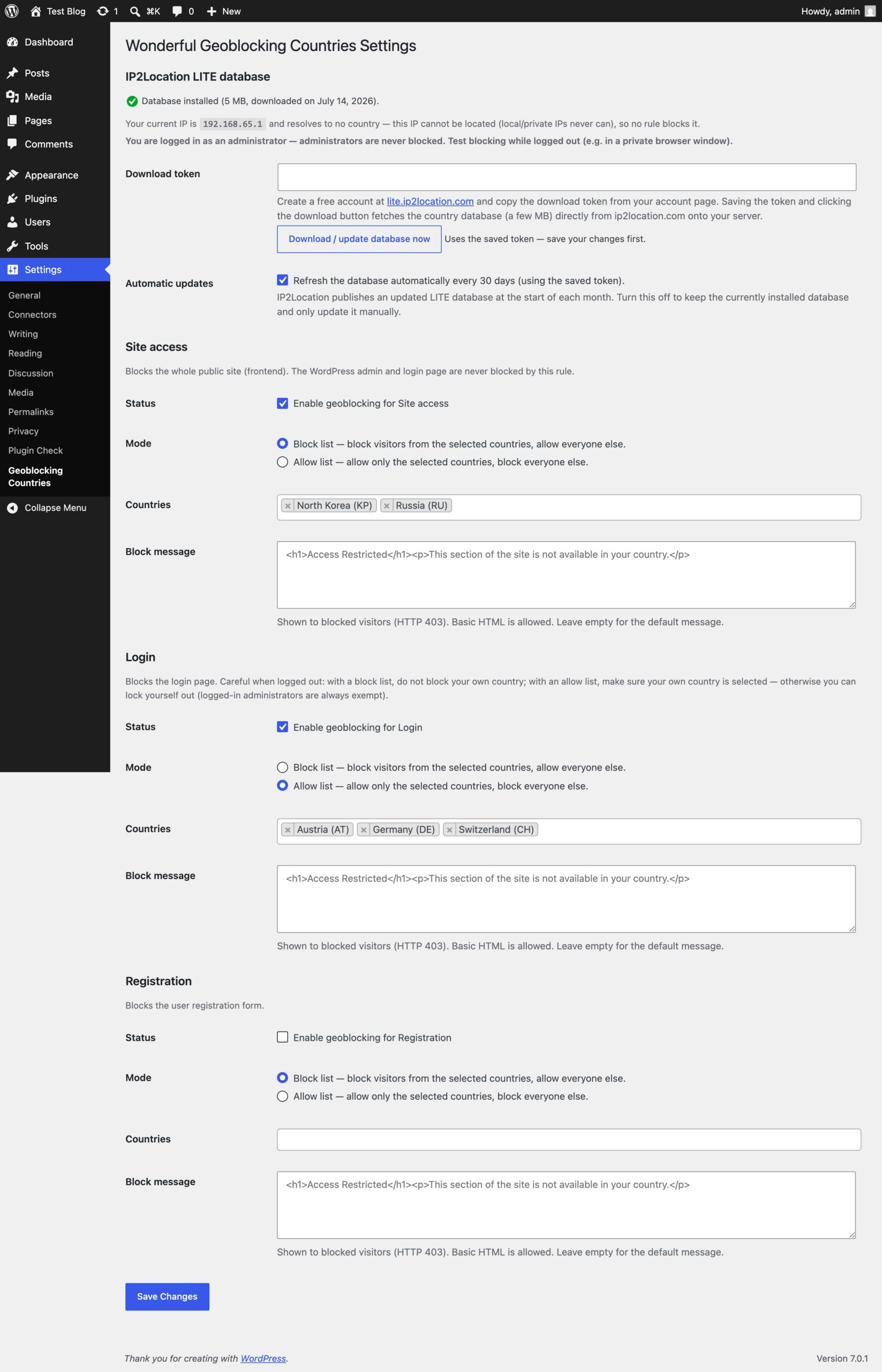 Wonderful Geoblocking Countries settings page with per-area block/allow mode