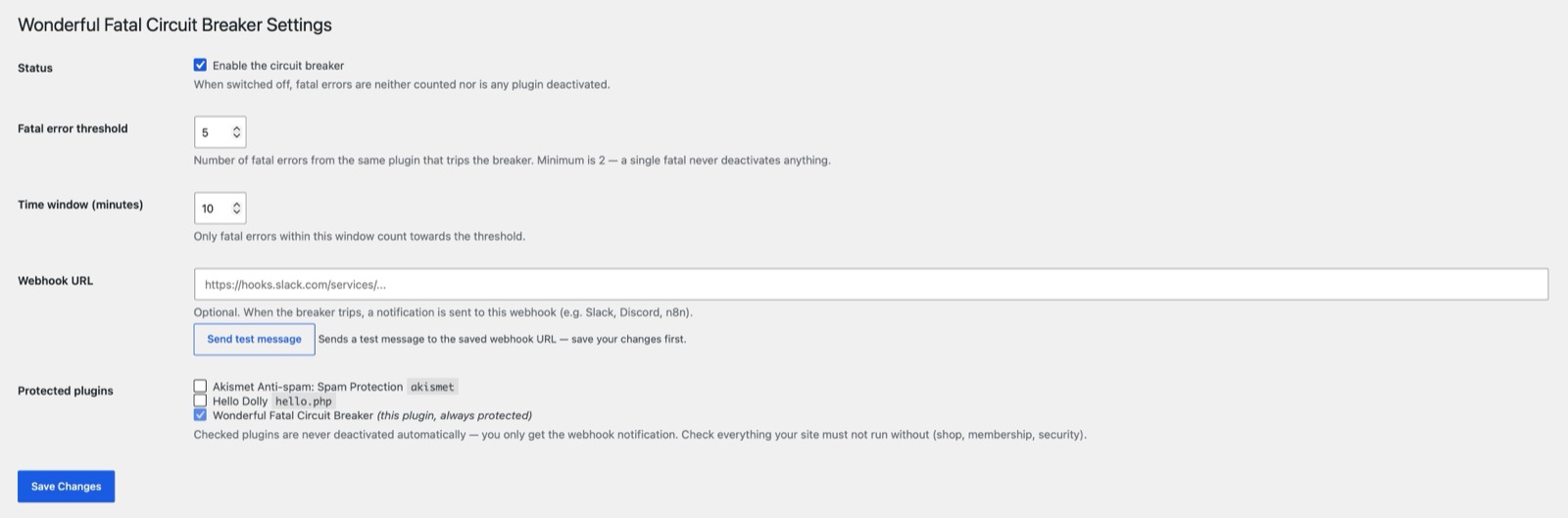 The settings page: threshold, time window, webhook URL, and the list of protected plugins.