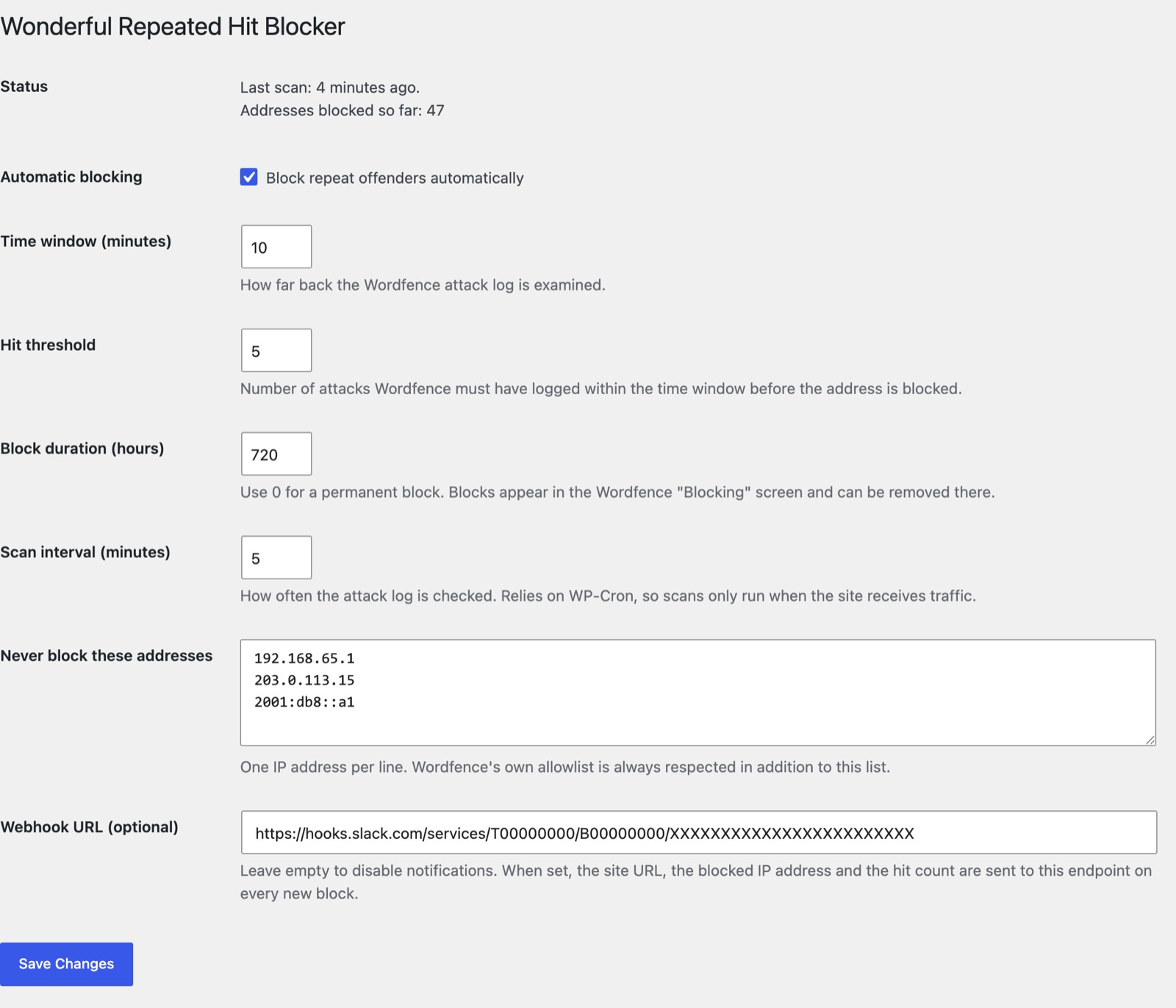 The settings screen with the time window, hit threshold, block duration and allowlist.