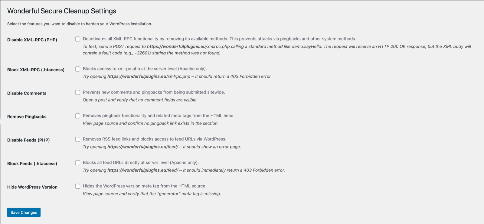 The clear and simple settings page to enable or disable cleanup features.