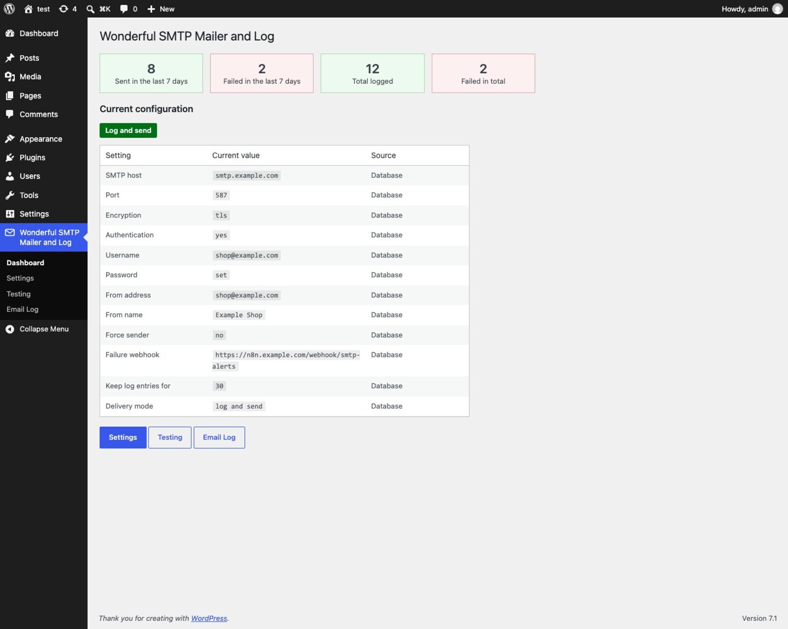 Dashboard showing delivery counts and every setting with its source