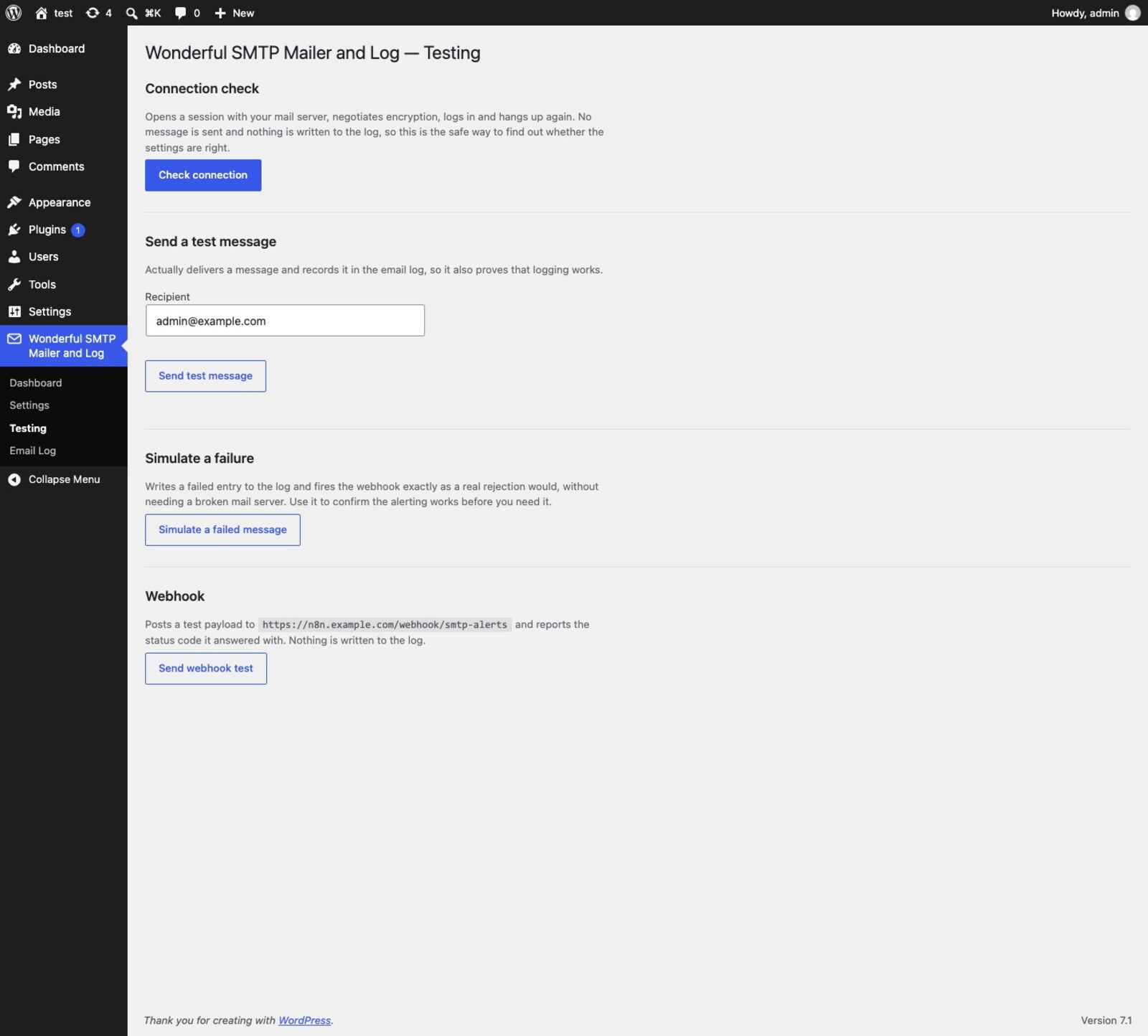 Testing screen with connection check, test message, failure simulation and webhook test
