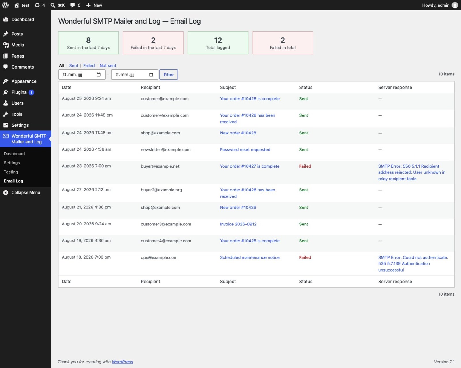 Email log with delivery counts, date filter, search and resend action