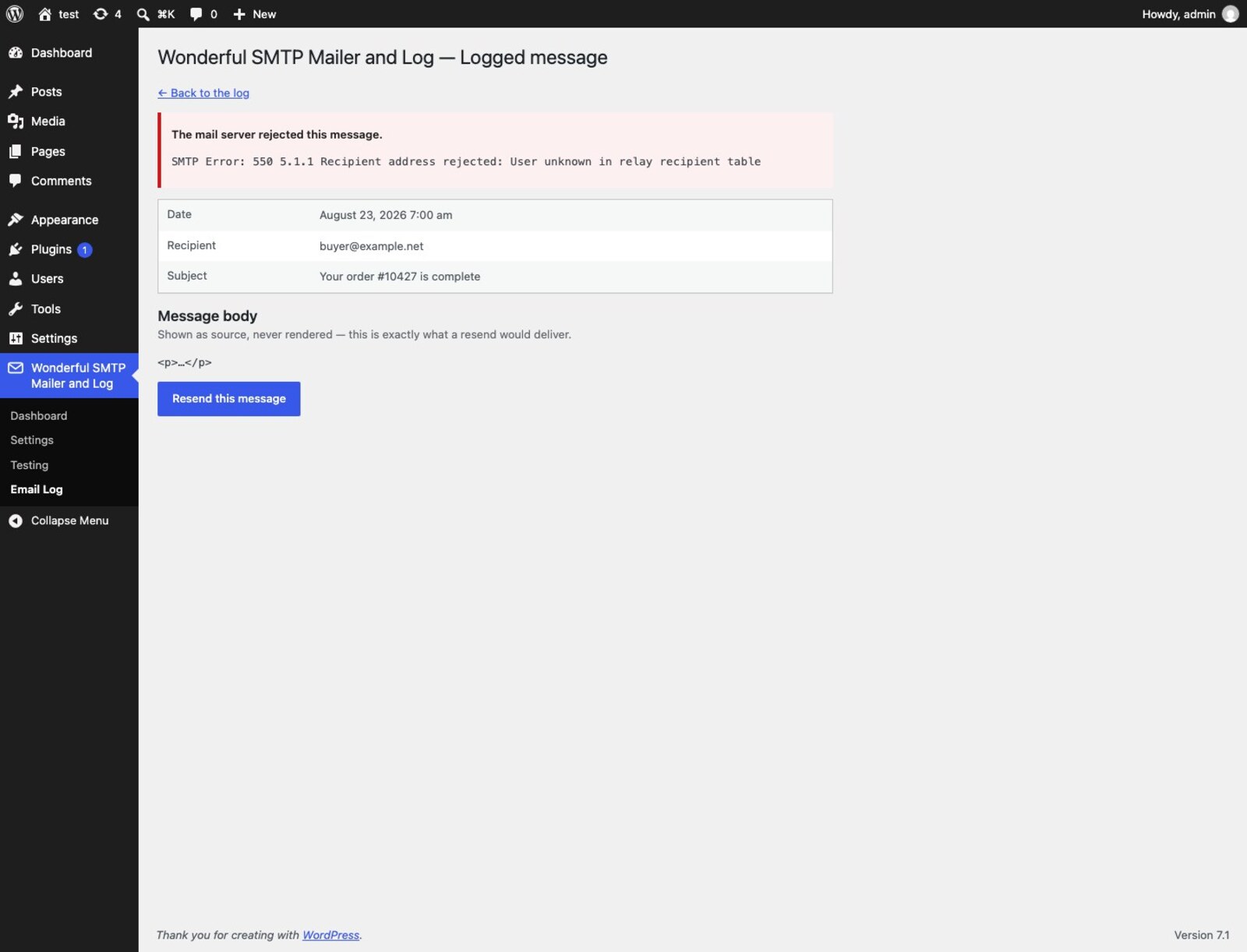 A single logged message showing the server response, headers and message body