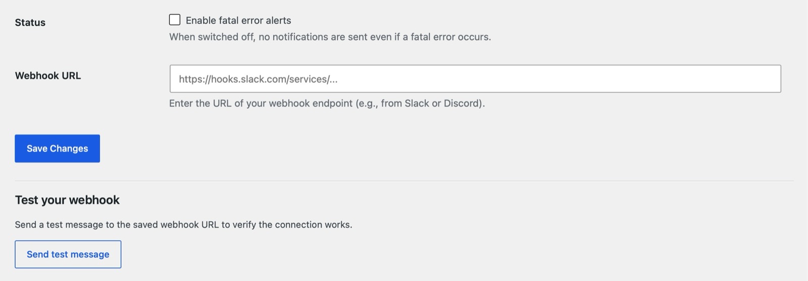 The simple settings page to configure your webhook URL.