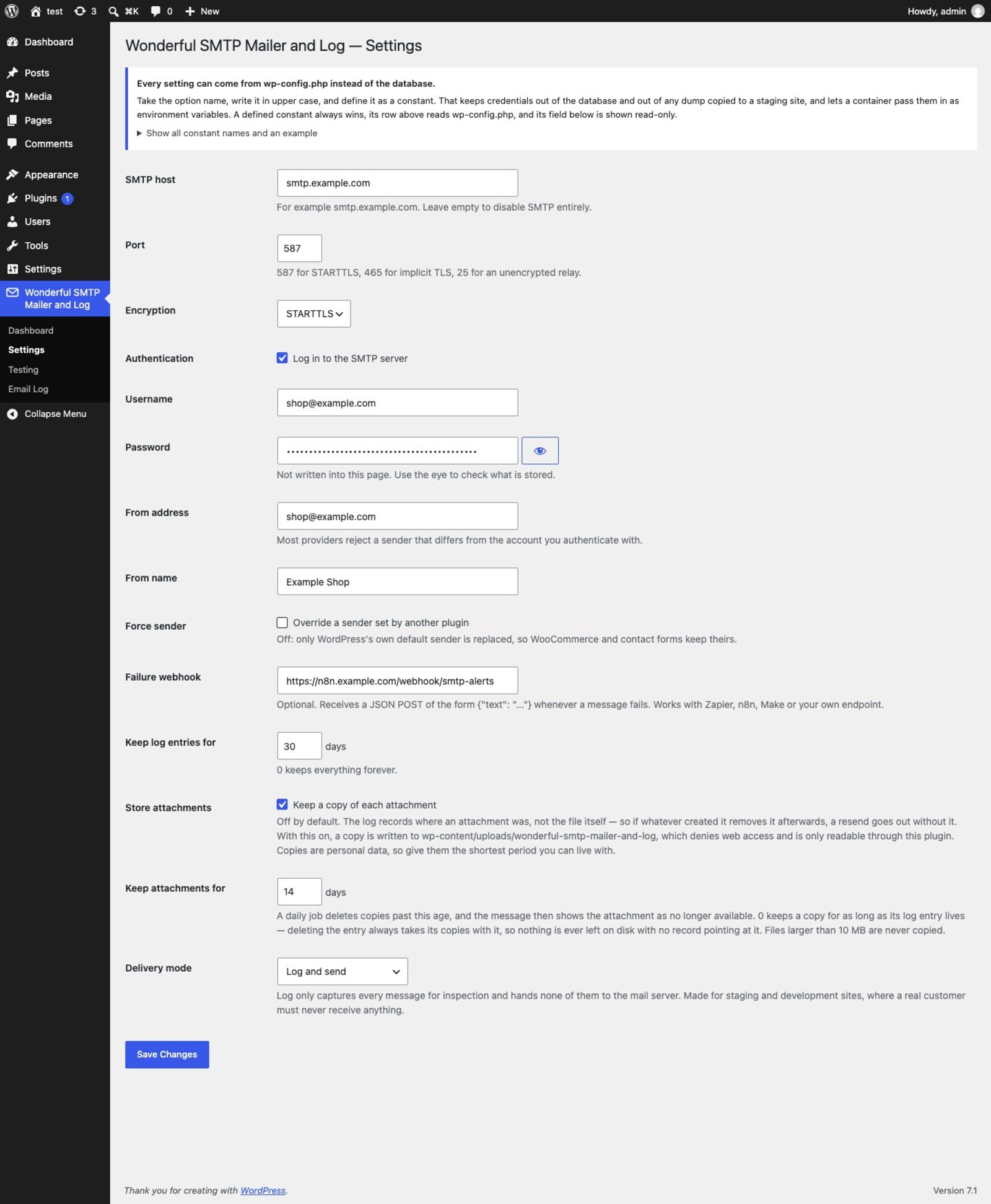 Settings screen including attachment storage and its retention period