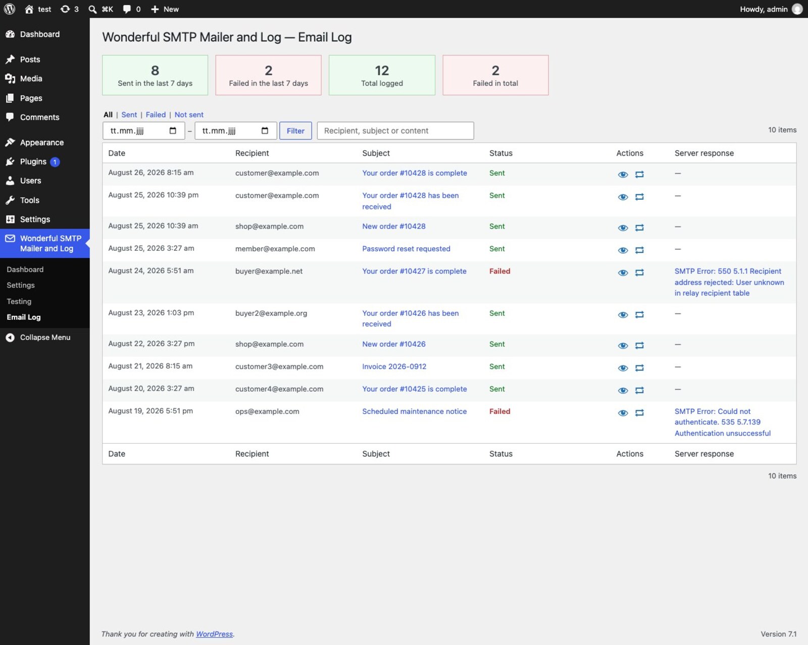 Email log with counters, date filter, search and view and resend icons