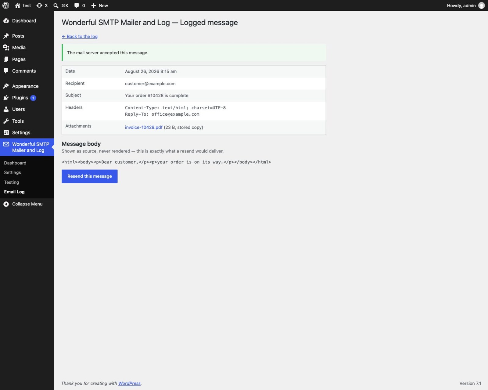 A logged message whose attachment is still available as a stored copy
