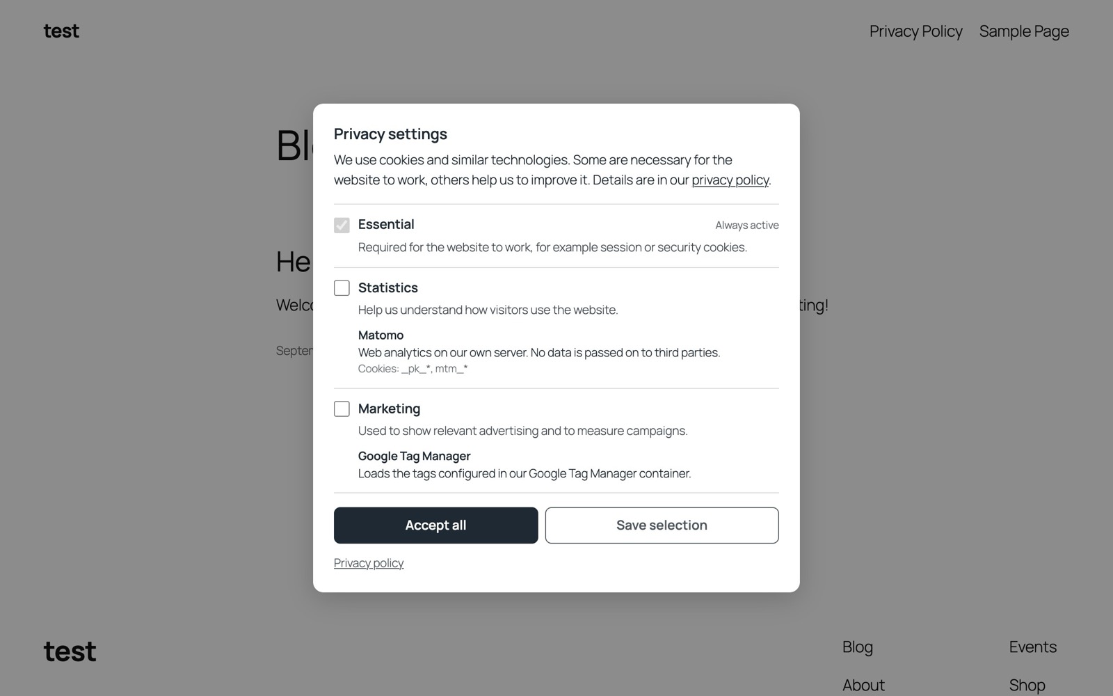 Choose individually: categories with their services and cookies, nothing optional preselected.