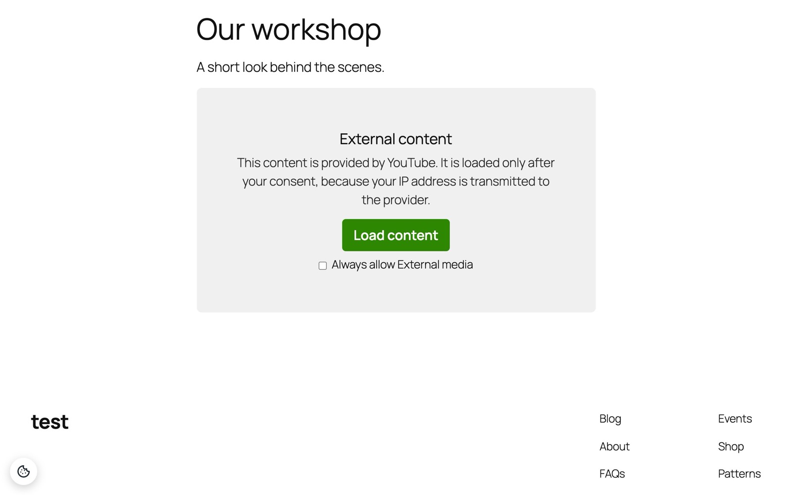 A blocked YouTube video: the placeholder explains, Load content loads it once, the checkbox allows the category for good.