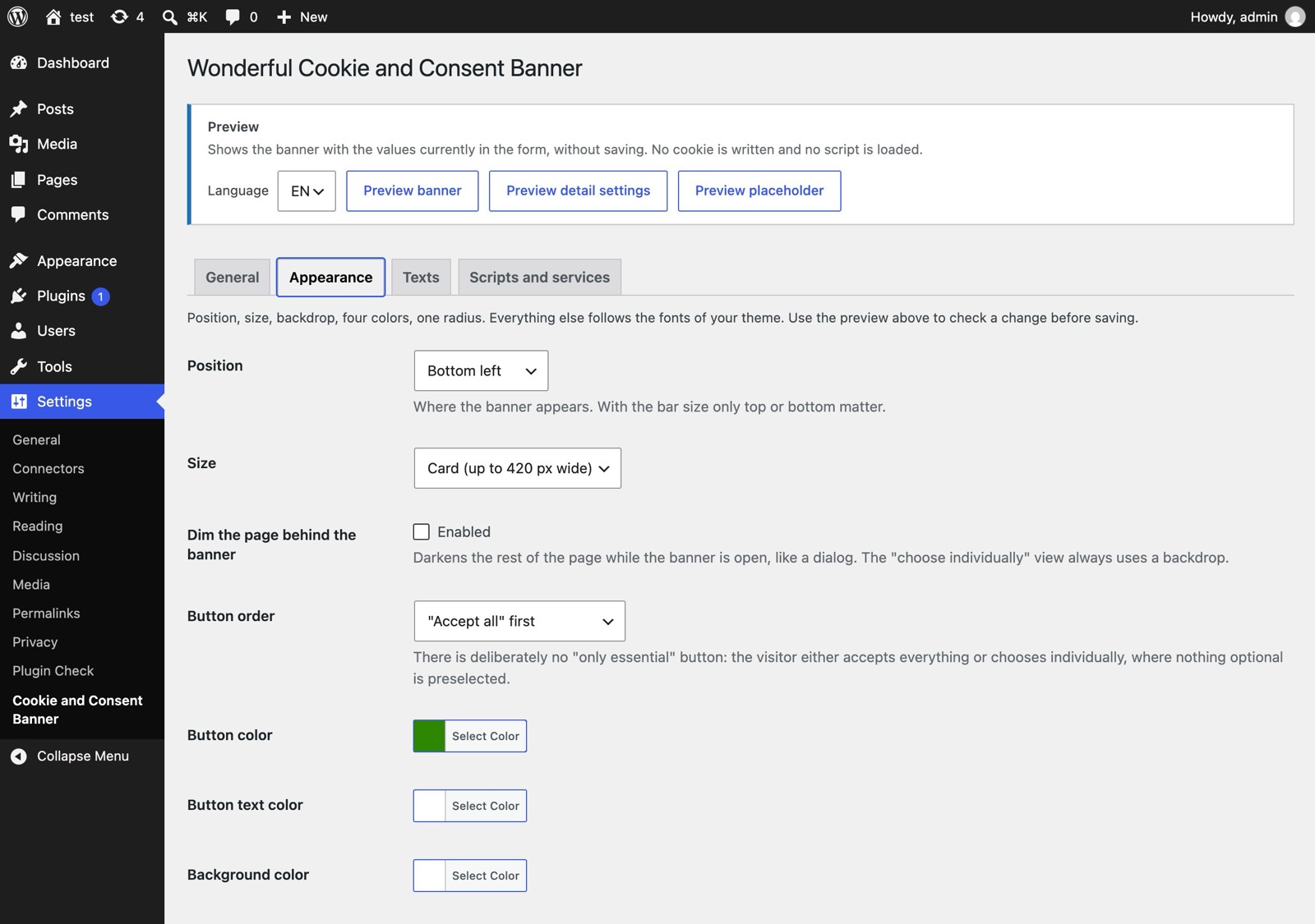 Settings, Appearance: position grid, size, backdrop, button order, colors, and three preview buttons.