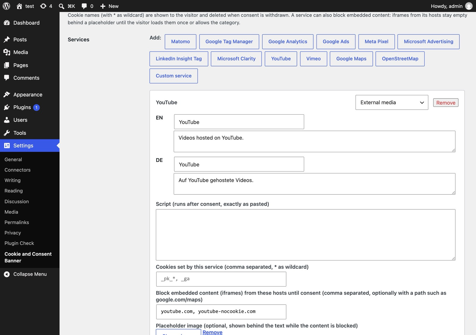 Settings, Scripts and services: presets, per-language texts, the script that runs after consent, cookies and embed hosts.