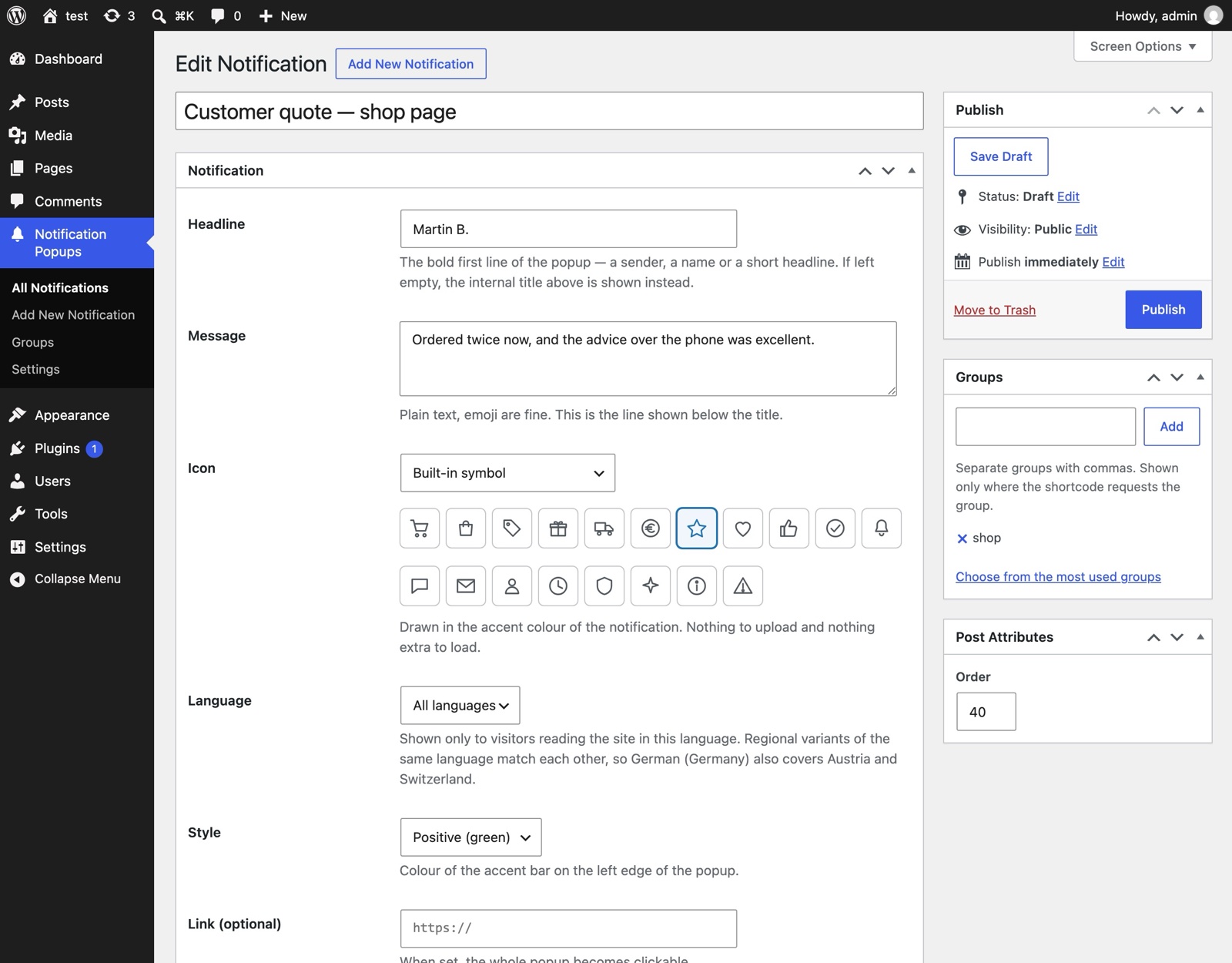 Wonderful Notification Popups edit screen with internal title, headline field, message, built-in icons and the Groups box