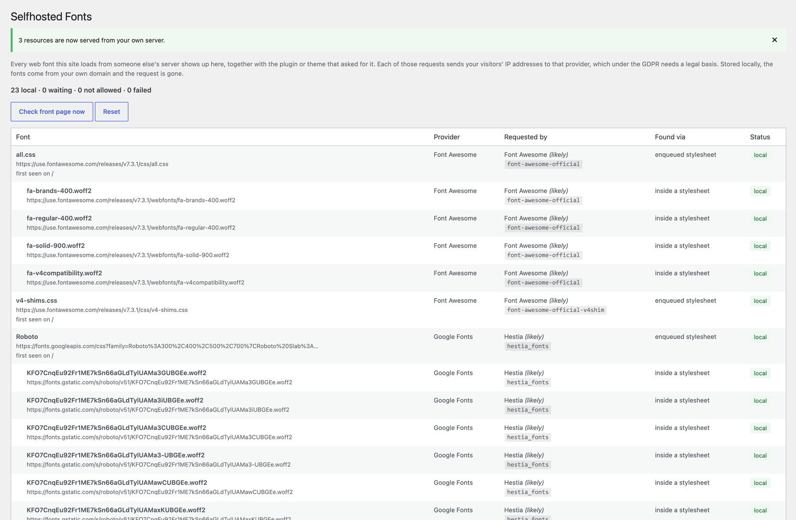 After storing them locally: each stylesheet lists the font files it pulled in, and everything is served from the site's own domain.