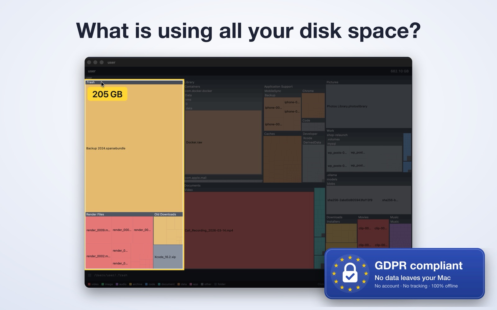 Wonderful DiskMap: the Trash highlighted with 205 GB, GDPR compliant seal