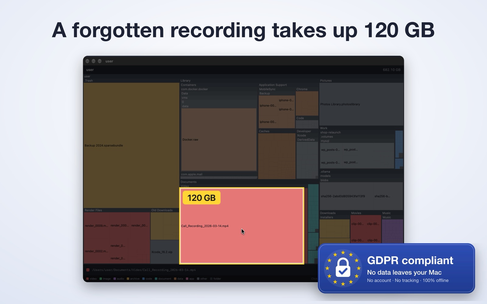 Wonderful DiskMap: a forgotten call recording highlighted, 120 GB