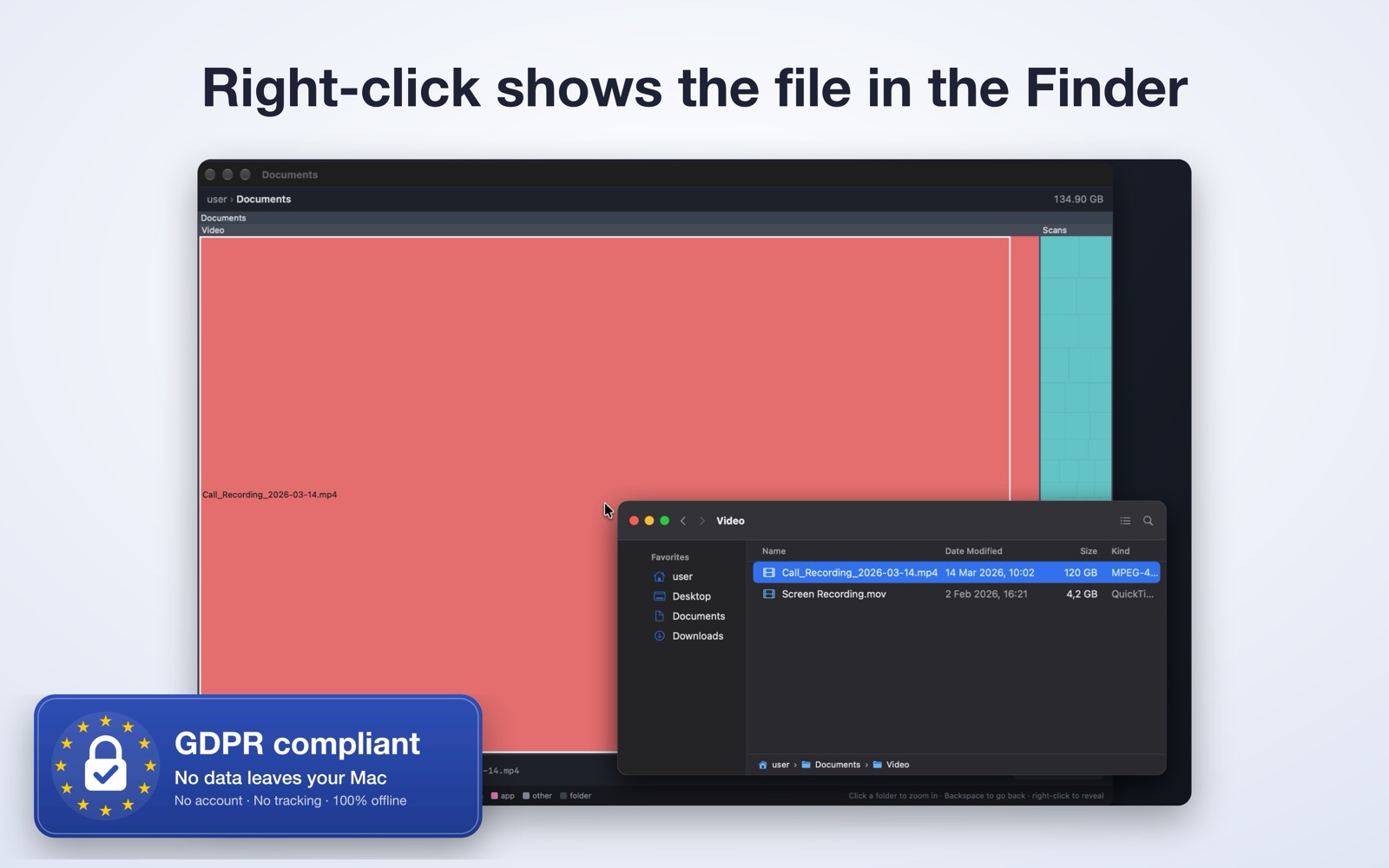 Wonderful DiskMap: right-click shows the recording in the Finder
