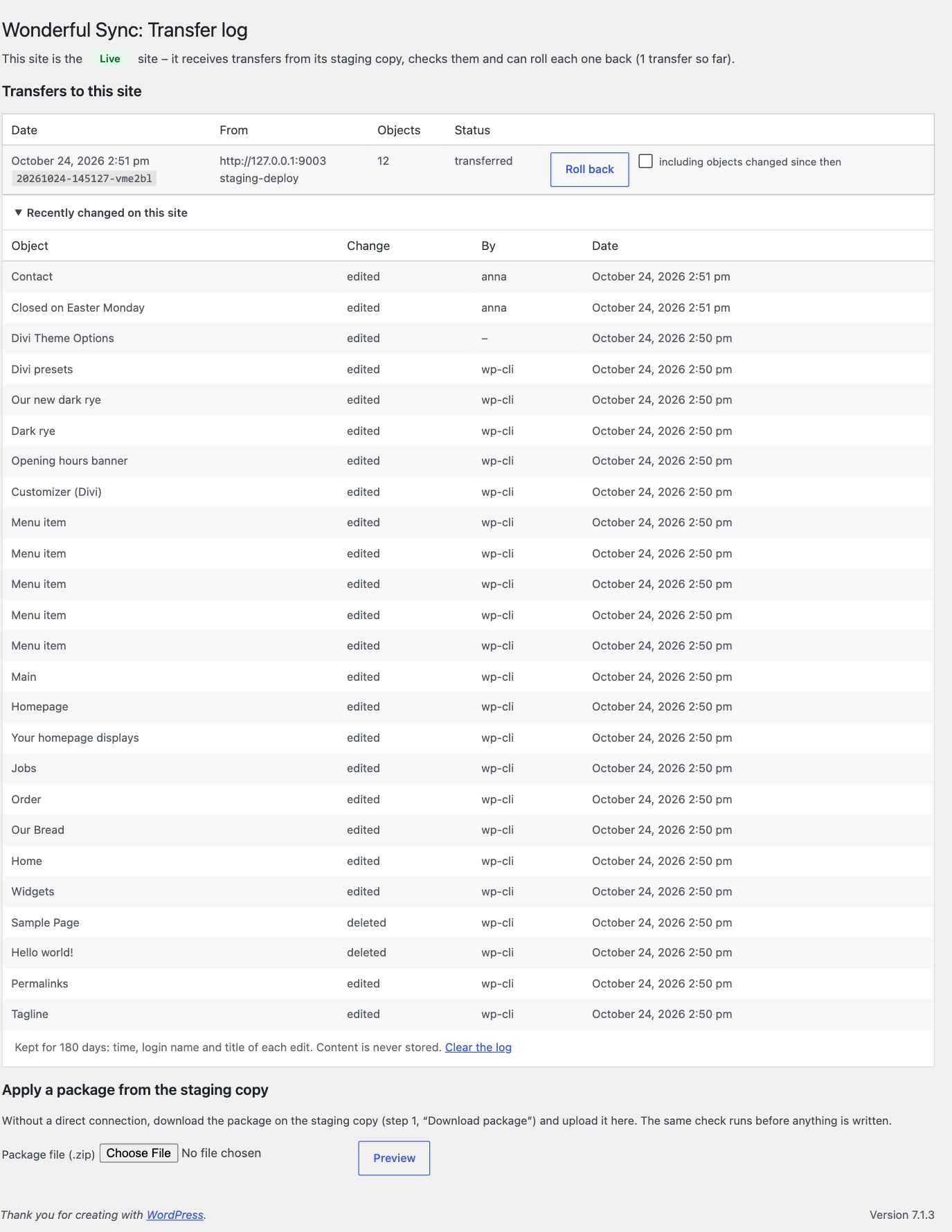 Releases on the live site with a roll back button